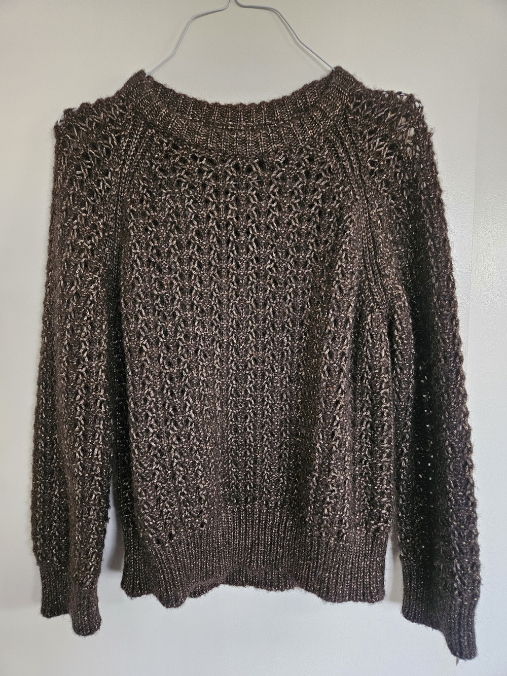 Italian Made Massimo Dutti Brown And Gold Open-Knit Crewneck Wool Sweater